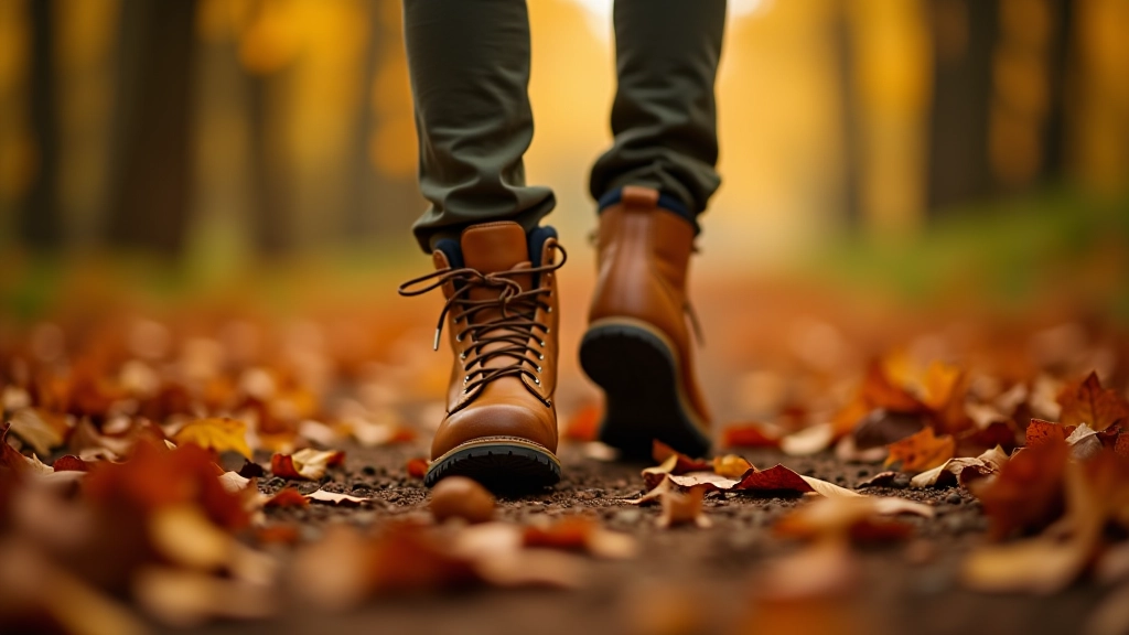 Close-up van voeten in wandelschoenen op natuurpad bedekt met bladeren, herfstlicht