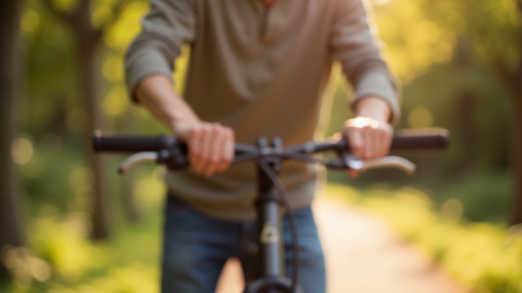 Close-up van handen op fietshandvatten, zonlicht op het stuur, natuurlijke omgeving onscherp