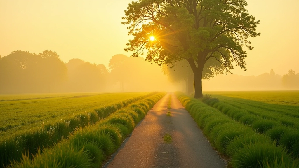 Landelijk Nederlandse fietserpad omgeven door groene velden en bomen in ochtendlicht