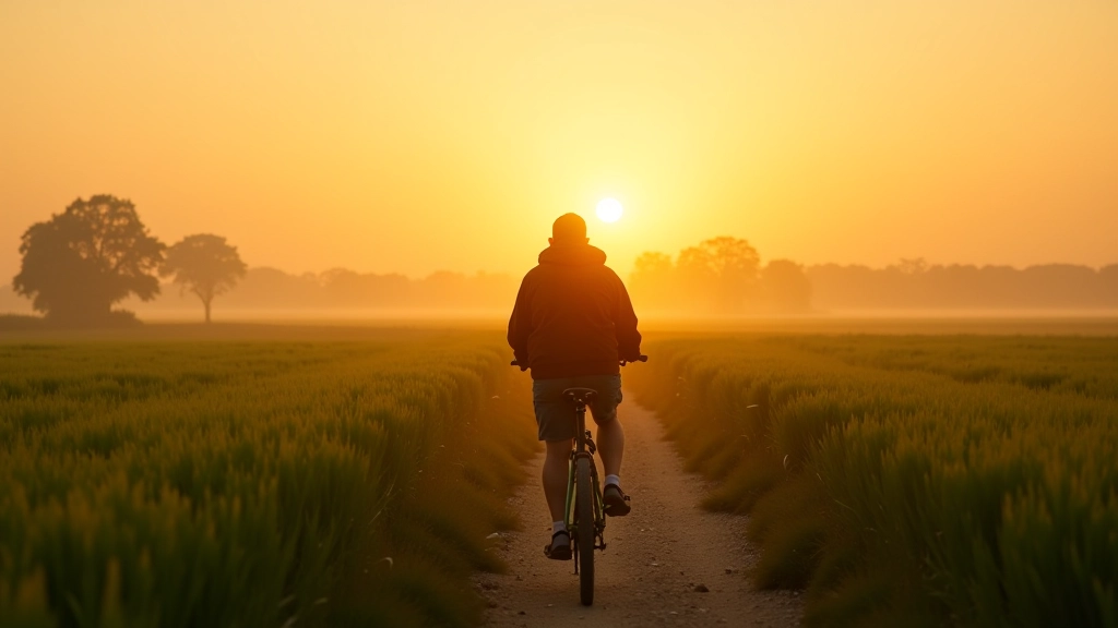 Serene Nederlands landschap met fietser in zonsondergang, minimalistische compositie met groene velden en heldere hemel