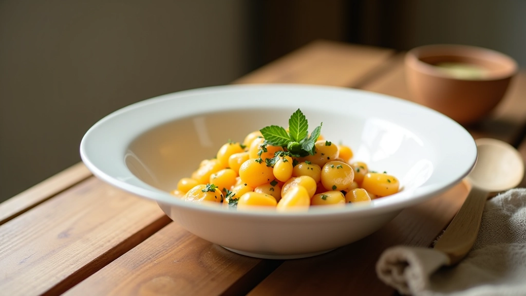 Klaar gerecht in een minimalistische witte kom op een natuurlijke houten tafel, groene kruiden erop