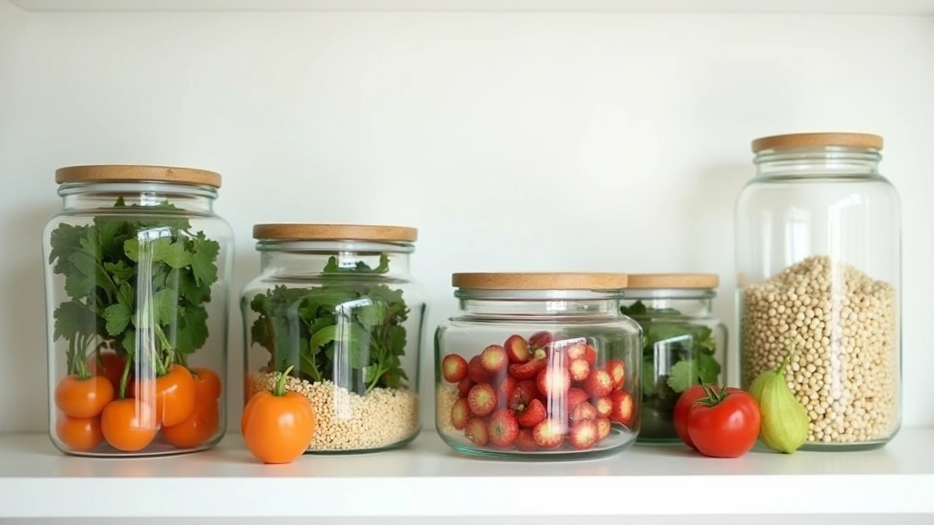 Glazen containers met voorbereide groenten en granen in een minimalistische keukenkast, labels zichtbaar
