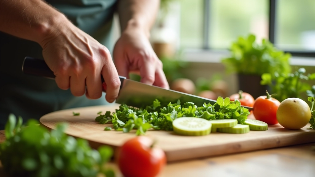 Handen snijden verse groenten op een houten snijplank, mes in focus, rustieke keukentafel