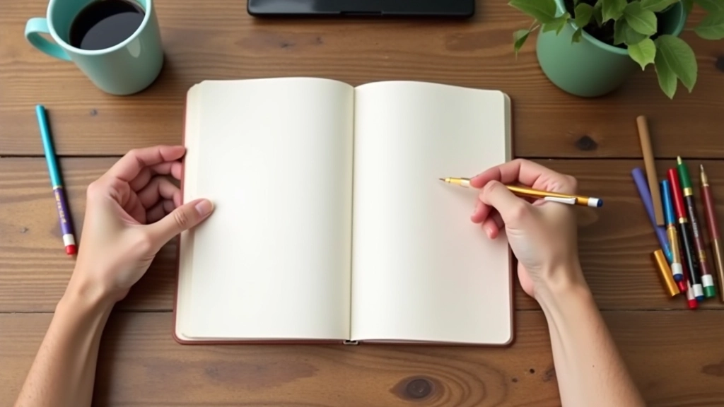 Twee handen schrijven in een werkboek, verschillende gekleurde pennen, tafelblad met kopje koffie