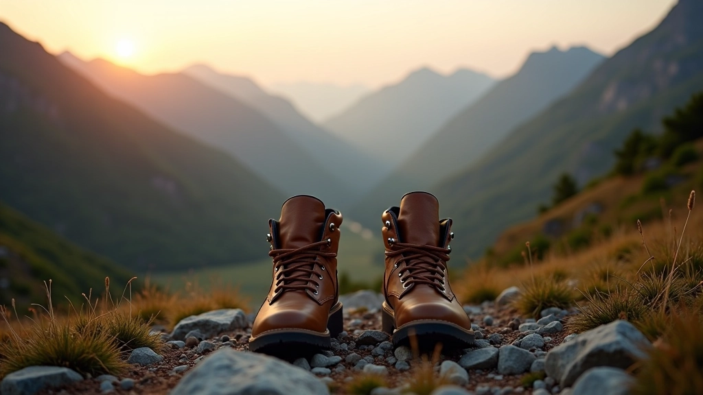 Voeten op rotsachtig bergpad met uitzicht op vallei en bergen, natuur omgeven, avondlicht