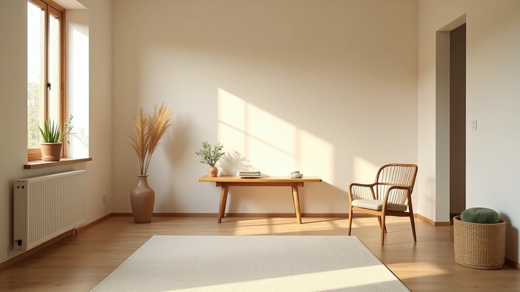 Rustige Nederlandse huiskamer met minimalistisch design, natuurlijk licht, eenvoudige inrichting