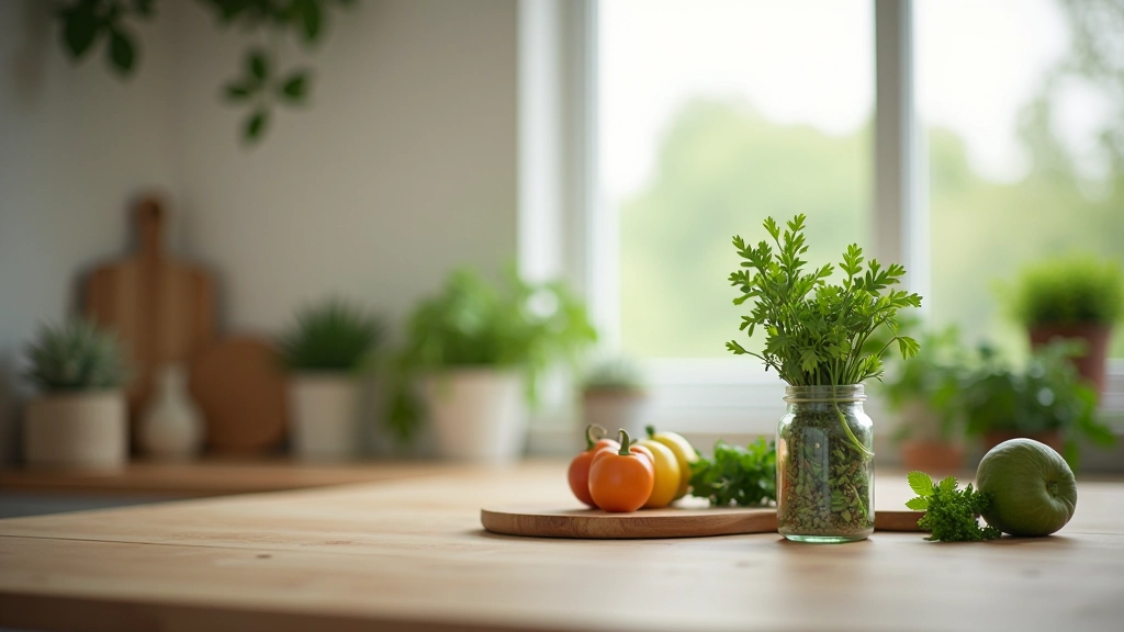 Minimalistisch ingericht keukentafel met verse groenten en kruiden in natuurlijk licht