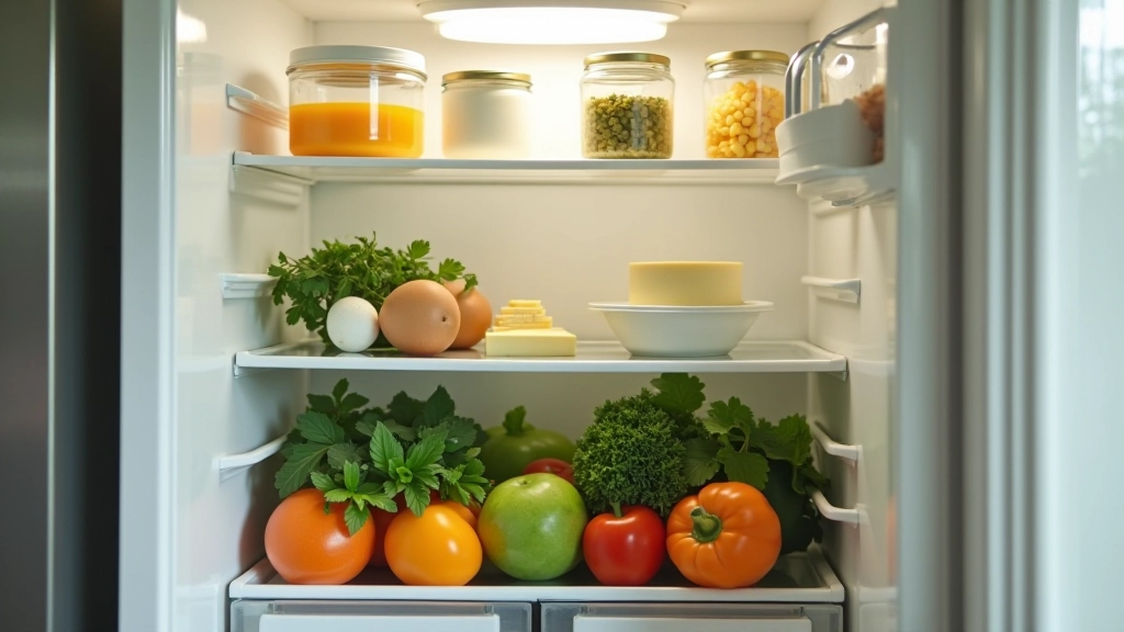 Open koelkast vol vers groenten, kazen en ingrediënten, natuurlijk licht van boven