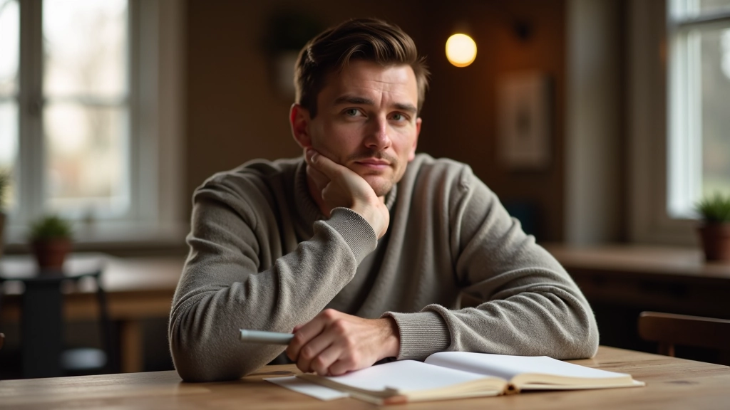 Persoon zittend aan een tafel, notities makend in een dagboek, natuurlijk licht van raam, warme interieur