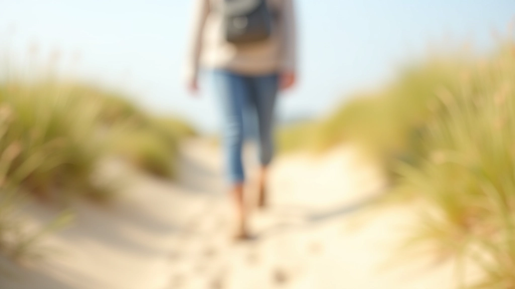 Voeten wandelend op zandpad in duinen, gras aan zijkanten, zonnig weer