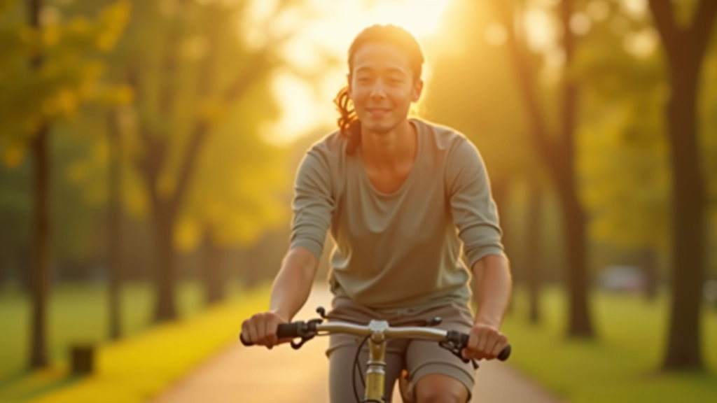 Persoon op fiets in morgenzon, rustige uitdrukking, serene sfeer, park omgeving