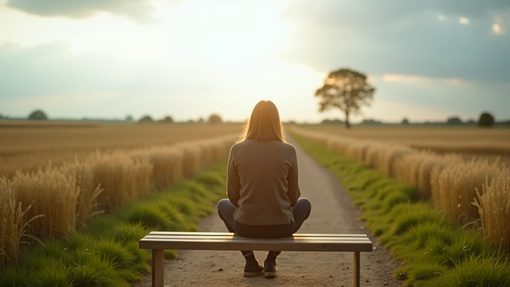 Persoon zittend op bankje langs pad, uitzicht op velden en hemel, moment van rust en reflectie