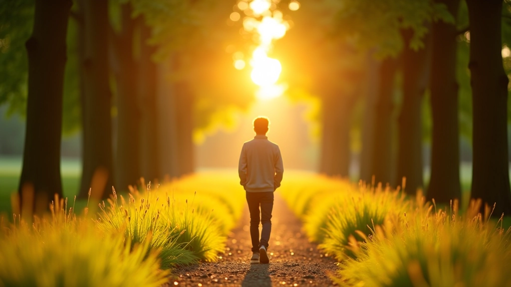 Wandelaar op zonnig pad met bomen aan beide zijden, perspectief van achteren, vredige uitstraling