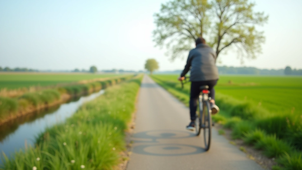 Nederlandse fietsroute langs water, groene polders, helder weer, serene landschap