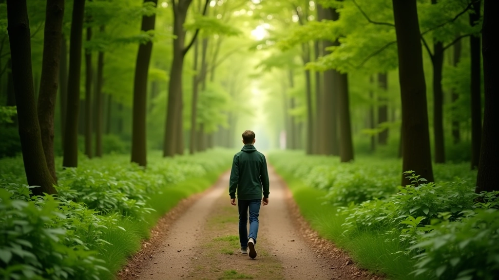 Wandelaar alleen op Nederlands bospad omgeven door bomen en groen, zonnig weer