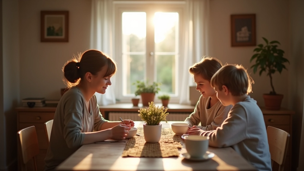 Interieurafbeelding van Nederlands huis met rustig design, gezin samen aan tafel, warm licht, echte momenten