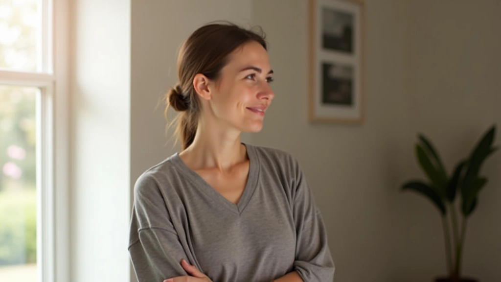 Persoon staand bij raam, kijkend naar buitenlandschap, zonnig weer, kalme uitdrukking